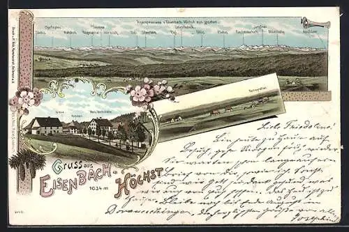 Lithographie Eisenbach-Höchst, Mech. Werkstätte, Hirschen, Kreuz