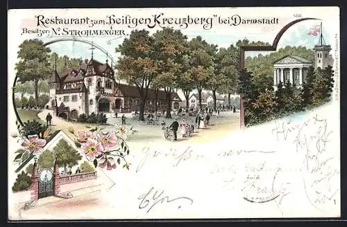 Lithographie Darmstadt, Restaurant zum heiligen Kreuzberg von N. Strohmenger