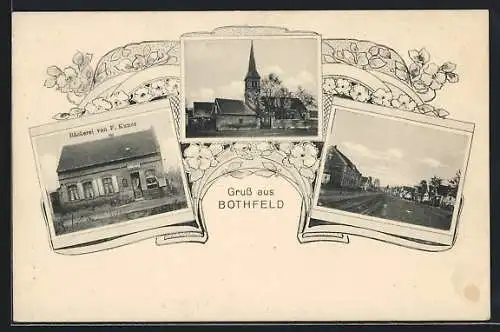 AK Bothfeld / Saale, Bäclerei F. Kunze, Kirche und Strassenpartie
