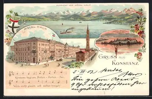 Lithographie Konstanz, Hotel Halm, Insel Mainau und Noten