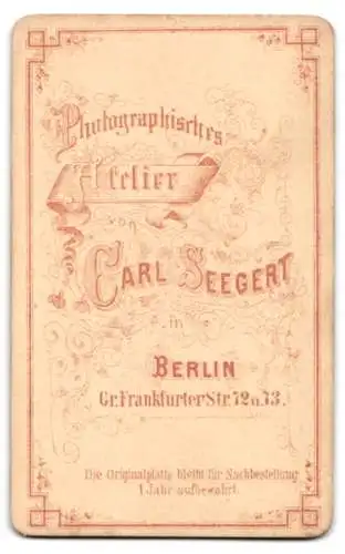 Fotografie Carl Seegert, Berlin, Gr. Frankfurter Str. 72 u. 73, Dame in elegantem Kleid mit Rüschen