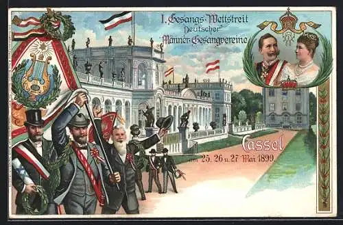 Lithographie Cassel, Gesangs-Wettstreit Männer-Gesangsvereine 1899 - Sänger mit Standarte vor Schloss
