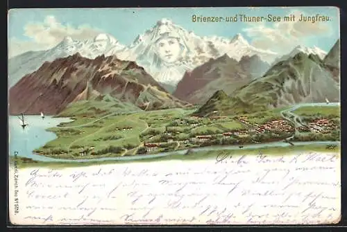 Lithographie Künzli Nr. 5018, Brienzer und Thuner-See mit Jungfrau, Berg mit Gesicht / Berggesicht, Berggesichter