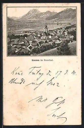 Vorläufer-Lithographie Liezen im Ennsthal, 1893, Ortsansicht mit Bergpanorama