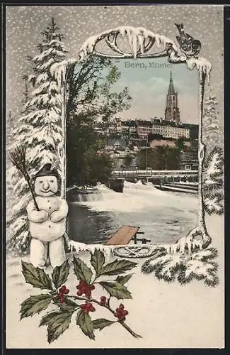 AK Bern, Partie am Wehr mit Blick zum Münster im Winter, Schneemann