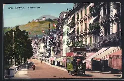 AK Montreux, La Rouvenaz, Strassenbahn im Zentrum