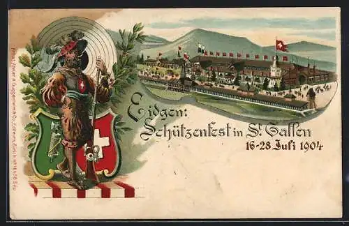 Lithographie St. Gallen, Eidgen. Schützenfest 1904, Festhalle, Schütze mit Gewehr vor Zielscheibe