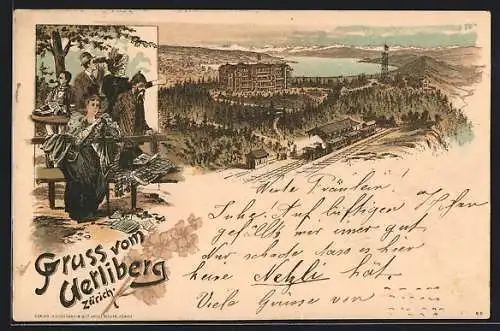 Lithographie Zürich, Gasthof Uetliberg mit Bahnhof und Gästen