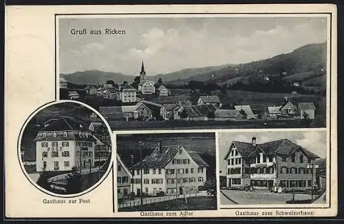 AK Ricken, Gasthaus zur Post, Gasthaus zum Adler und Gasthaus zum Schweizerhaus, Totalansicht