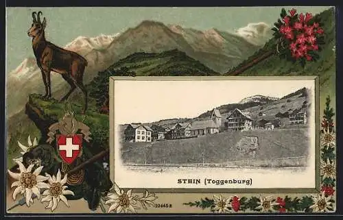 AK Stein /Toggenburg, Ortspartie im Passepartout mit Gämse, Wappen und Edelweiss