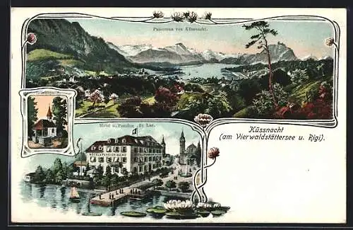 Lithographie Küssnacht /Rigi, Panorama, Hotel u. Pension du Lac & Tellskapelle