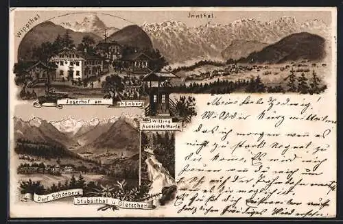 Lithographie Schönberg /Stubaithal, Gasthof Jagerhof, Witting Aussichts-Warte
