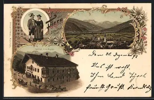 Lithographie Fügen / Zillerthal, Gasthof zum Aigner, Teilansicht