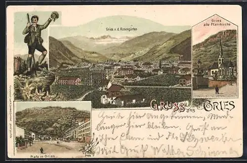 Lithographie Gries, Alte Pfarrkirche, Platz, Gesamtansicht v. d. Rosengarten