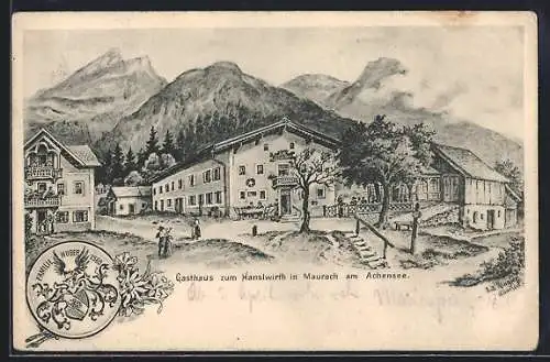 Lithographie Maurach am Achensee, Gasthaus zum Hanslwirth der Familie Huber
