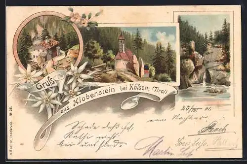 Lithographie Kössen /Tirol, Maria Klobenstein, Ortsansicht mit Kirche, Edelweiss