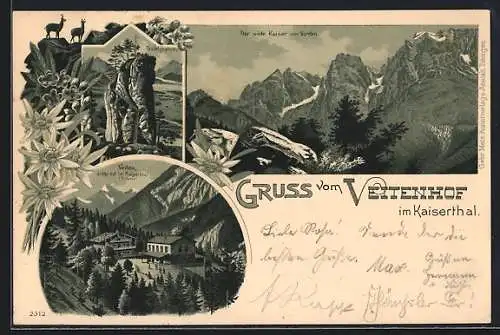 Lithographie Ebbs, Gasthof Veitenhof im Kaisertal, Der wilde Kaiser von Norden, Teufelskanzel