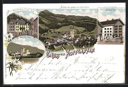 Lithographie Hopfgarten, Gasthof Post, Restauration Filiale Post, Schloss Itter, Ortsansicht