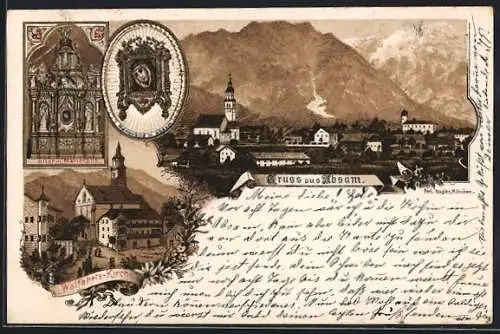 Lithographie Absam, Blick zur Wallfahrtskirche, Teilansicht der Ortschaft