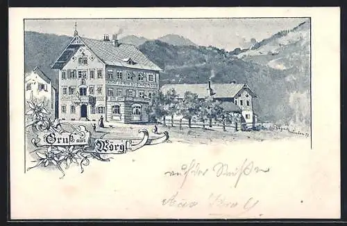 Lithographie Wörgl, Gasthof zur Rose des Oswald Moser mit den Bergen