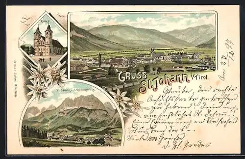Lithographie St. Johann i.Tirol, Ansicht mit Kaisergebirge, Kirche u. Panorama