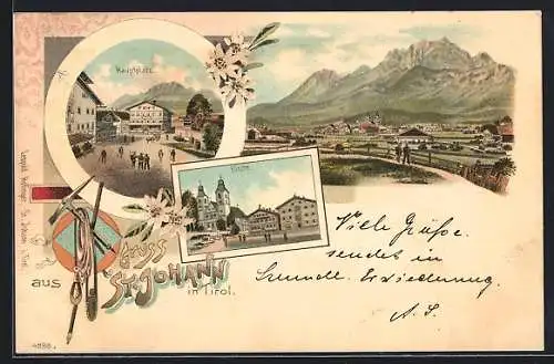 Lithographie St. Johann in Tirol, Hauptplatz, Kirche und Gesamtansicht