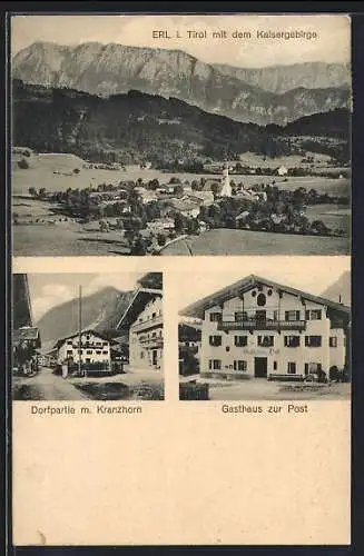 AK Erl, Ortsansicht mit dem Kaisergebirge, Dorfpartie mit Kranzhorn, Gasthaus zur Post