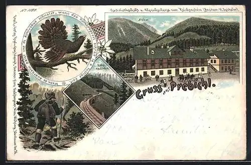 Lithographie Prebichl, Gasthaus und Alpenherberge zum Reichenstein, Bes. H. Spitaler, Zahnradbahn und Auerhahn