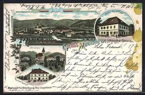 Lithographie Mürzhofen i. Mürzthal, Rinnerers Gasthof, Stadlers Geschäftshaus, Totalansicht