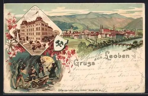 Lithographie Leoben, Hôtel Gärner, Bergarbeiter im Schacht, Teilansicht