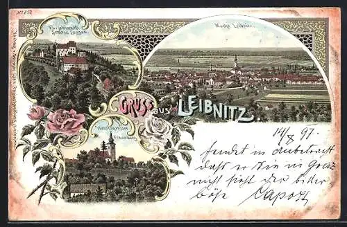 Lithographie Leibnitz, Fürstbischöfl. Schloss Seggau, Wahlfartsort Frauenberg