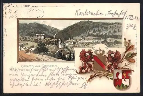 Passepartout-Lithographie Triberg, Ortsansicht mit Bergpanorama, Wappen