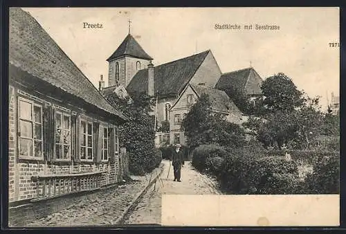 AK Preetz, Stadtkirche und Seestrasse mit Teich, Ortspartie