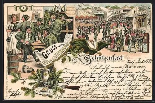 Lithographie Festwiese beim Schützenfest, Schützenverein beim Scheibenschiessen, Pokal, Gewehr