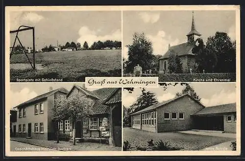 AK Wehmingen, Sportplatz mit Schiessstand, Geschäftshaus Heinrich Bertram und Kirche