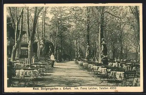 AK Erfurt, Restaurant Steigergarten F. Leicher, Gartenansicht mit Kellner