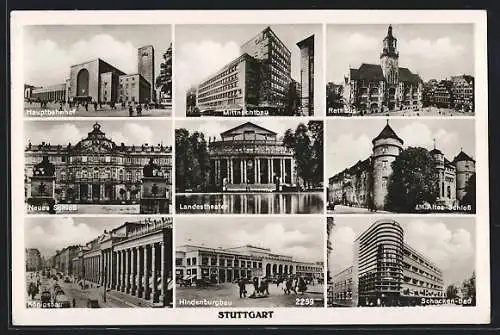 AK Stuttgart, Kaufhaus Schocken, Hauptbahnhof, Rathaus, Landestheater, Hindenburgbau