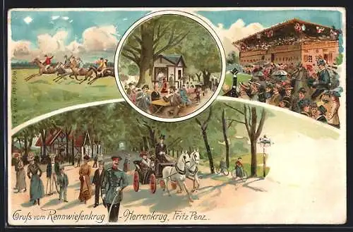 Lithographie Magdeburg, Gasthaus Rennwiesenkrug, Pferderennen