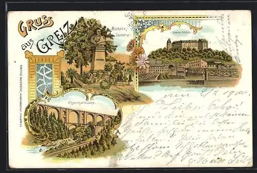 Lithographie Greiz, Oberes Schloss, Bismarck-Denkmal, Elsterthalbrücke