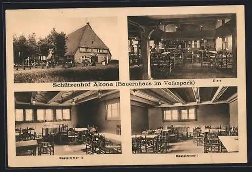 AK Hamburg-Altona, Schützenhof Altona im Volkspark, Aussenansicht, Diele und Gastzimmer