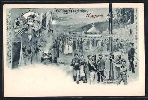 Lithographie Neustadt / Coburg, Coburger Vogelschiessen, Volksfest
