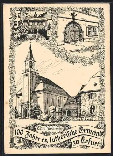 Künstler-AK Erfurt, Festpostkarte 100 Jahre evangelische lutherische Gemeinde, Kirche, Eingangstor, Ortspartie