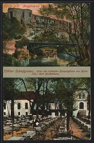 AK Halle a. S., Moritzburg mit Burgbrücke, Gasthaus Pfälzer Schiessgraben