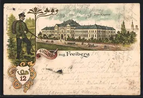 Lithographie Freiberg / Sachsen, Jäger-Kaserne mit Strassenpartie, Sächsischer Jäger Rgt. 12 im Wald