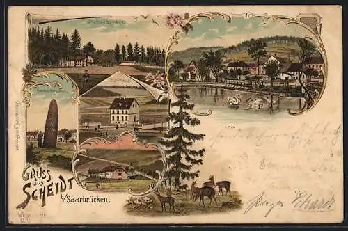 Lithographie Scheidt b. Saarbrücken, Gasthof Stuhlsatzenhaus, Pfarrhaus, Forsthaus, Schwanenteich