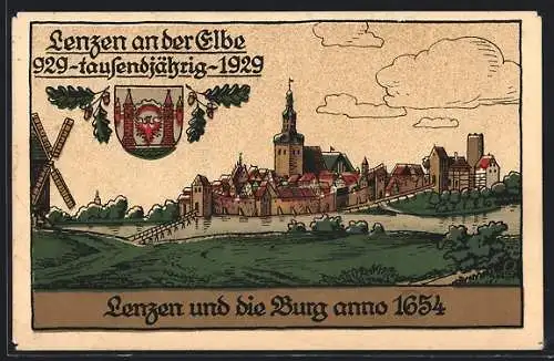 Steindruck-AK Lenzen / Elbe, Feldpostkarte, Burg anno 1654, tausendjähriges Jubiläum, Wappen