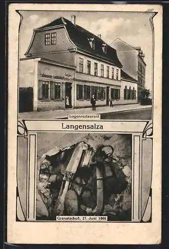 AK Langensalza, Logenrestaurant der Freimaurer, Granatschuss vom Juni 1866