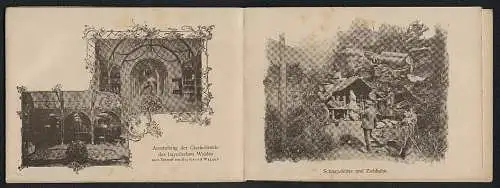 Leporello-Album 7 Lichtdruck-Ansichten Niederbayerische Kreisausstellung Nürnberg 1896, Schnapshütte, Waldler Holzindrus