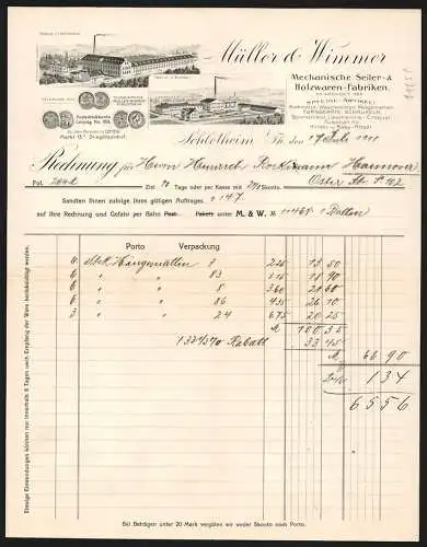 Rechnung Schlotheim i. Th. 1911, Müller & Wimmer, Seiler- & Holzwaren-Fabriken, Werke in Schlotheim und Böhlen