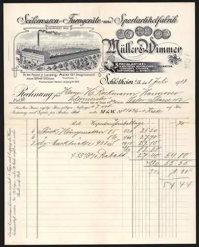 Rechnung Schlotheim i. Th. 1913, Müller & Wimmer, Seiler- & Turngeräte-Fabrik, Werkansicht und Messe-Medaillen